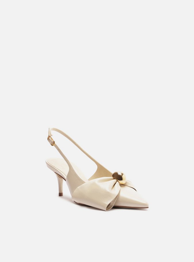 Scarpin Branco Couro Slingback Laço Metal