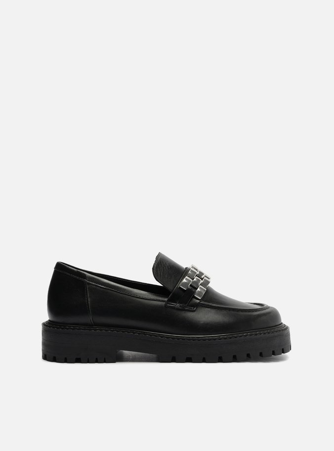 Mocassim Preto Couro Tratorado Metal