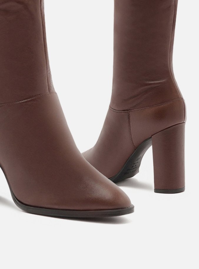 Bota Over The Knee Marrom Couro Salto Alto