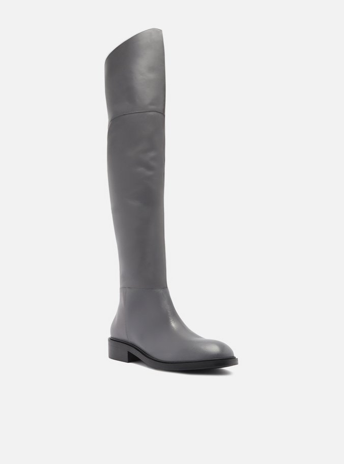 Bota Over The Knee Cinza Couro Salto Bloco