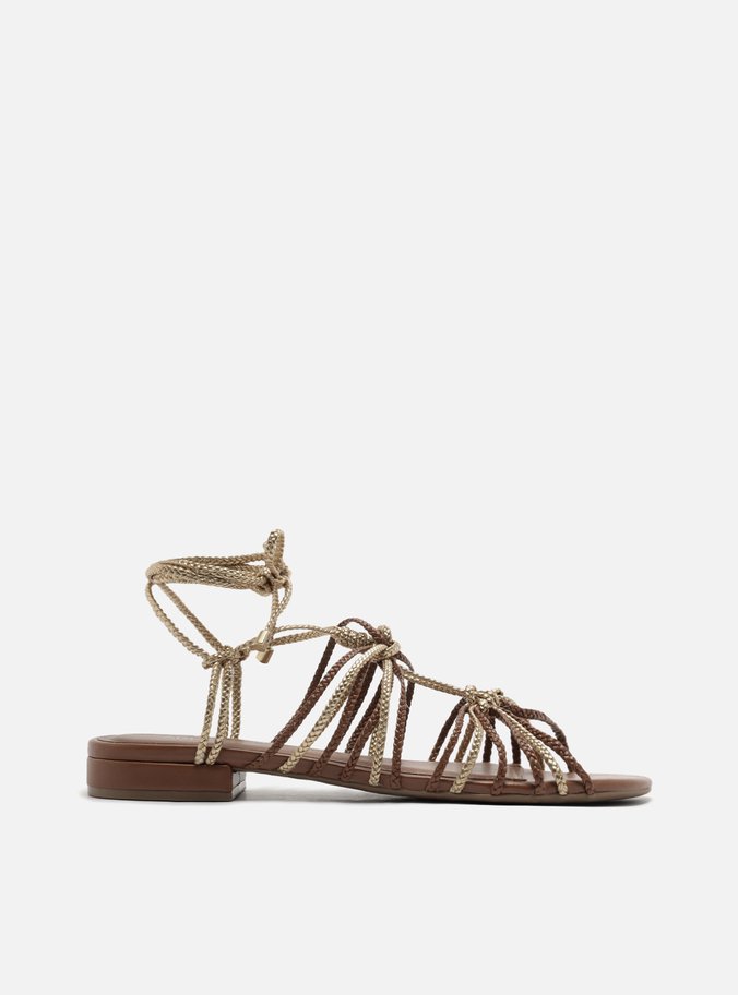 Sandália Rasteira Marrom Tiras Trançadas Amarração