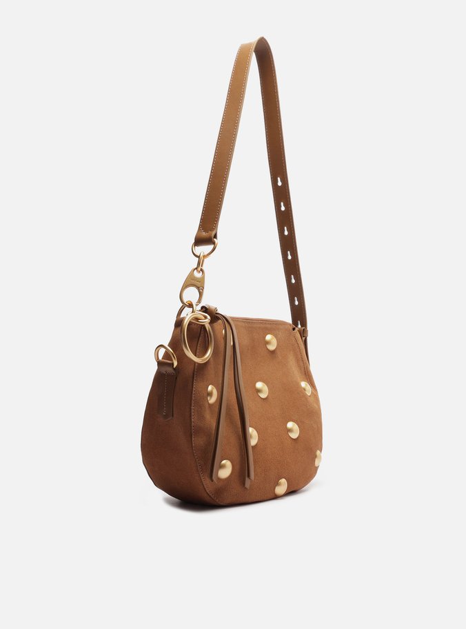 Bolsa Tiracolo Marrom Couro Acamurçado Média Tachas