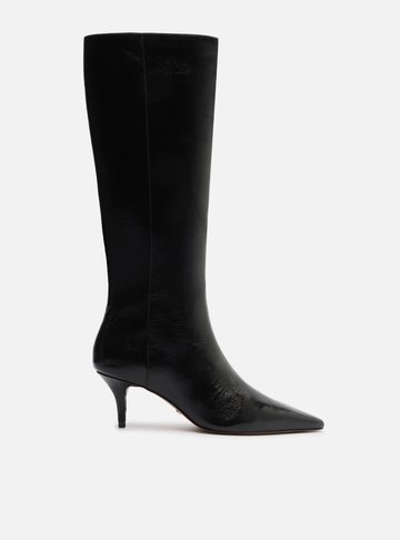 Bota Preta Couro Cano Longo Salto Kitten