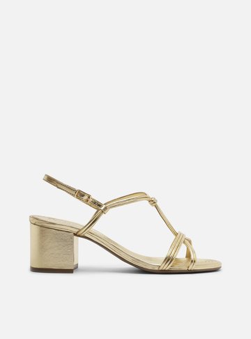 Sandália Dourada Salto Médio Bloco Tiras Textura
