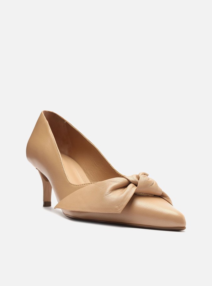Scarpin Bege Couro Salto Fino Laço Maxi