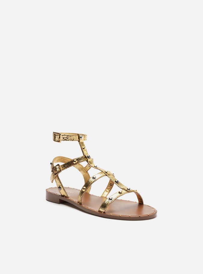 Sandália Rasteira Dourada Couro Gladiadora Studs
