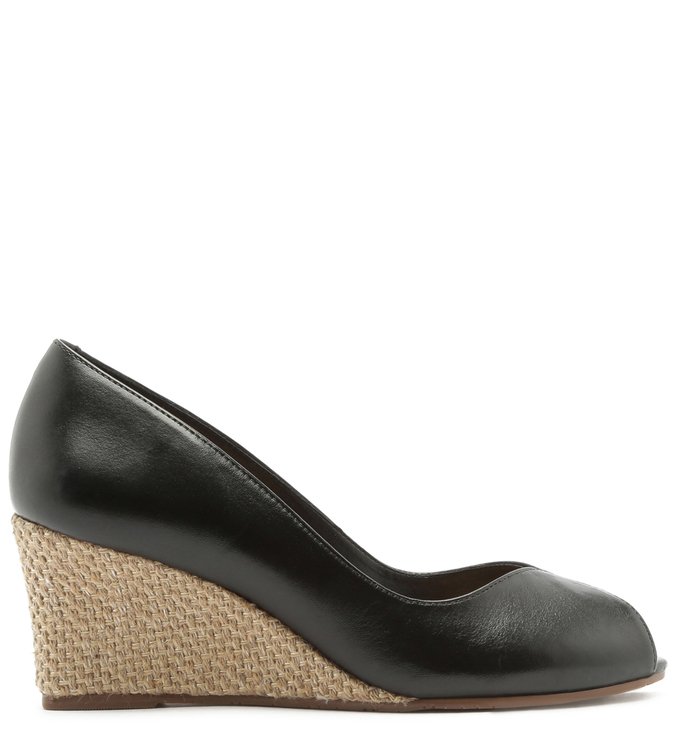 Scarpin Couro Peep Toe Anabela Preto