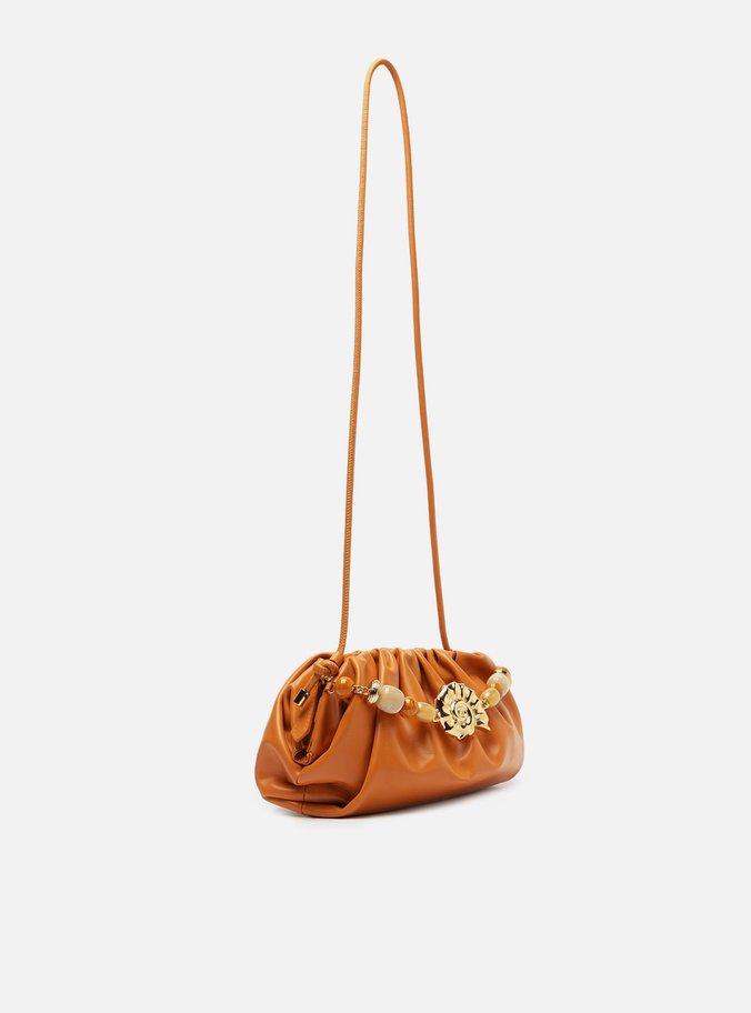 Clutch Laranja Couro Média Pedrarias Concha