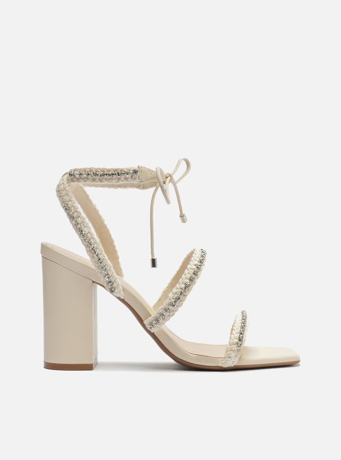 Sandália Off-White Salto Alto Bloco Strass Mykonos