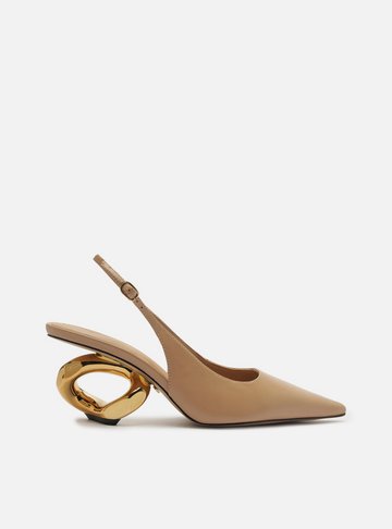 Scarpin Bege Couro Salto Geométrico Slingback