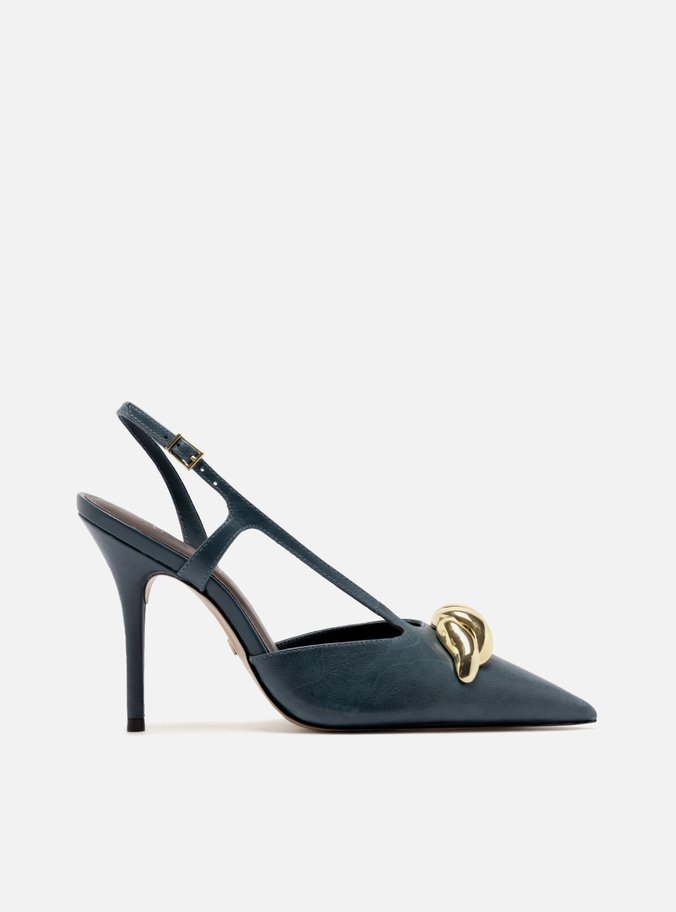 Scarpin Azul Couro Slingback Salto Fino Metais
