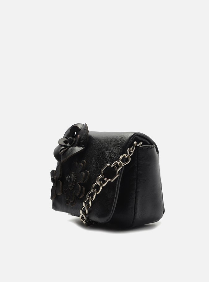 Mini Bag Preta Couro Flores