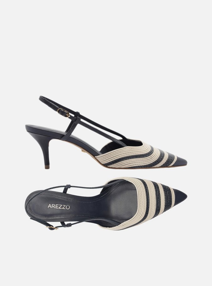Scarpin Azul Couro Salto Baixo Slingback Bicolor