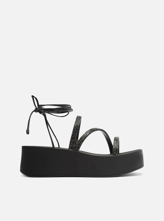 Sandália Preta Flatform Lulu Amarração