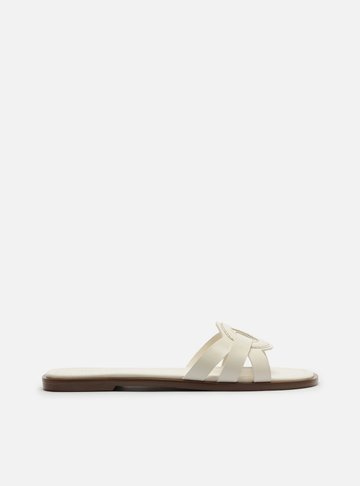 Rasteira Branca Couro Flat Tiras Pesponto