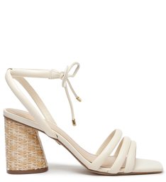 Sandália Off-White Couro Salto Médio Bloco Tiras