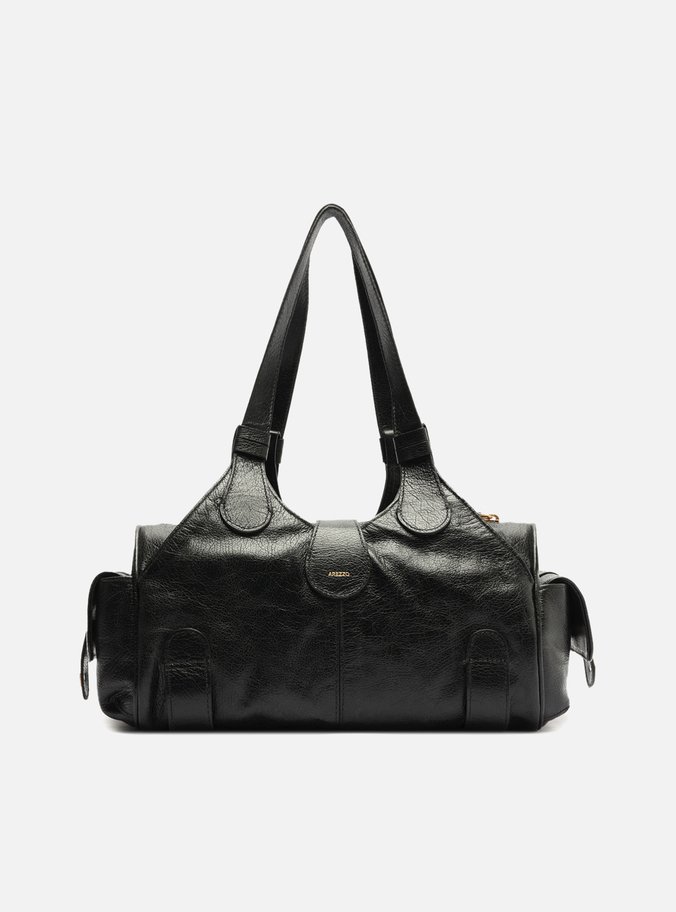 Bolsa Bowling Preta Couro Grande Metais Folk
