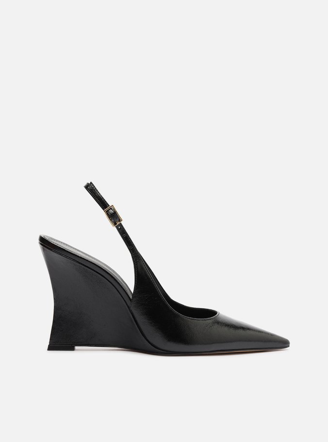 Scarpin Preto Couro Salto Anabela Slingback