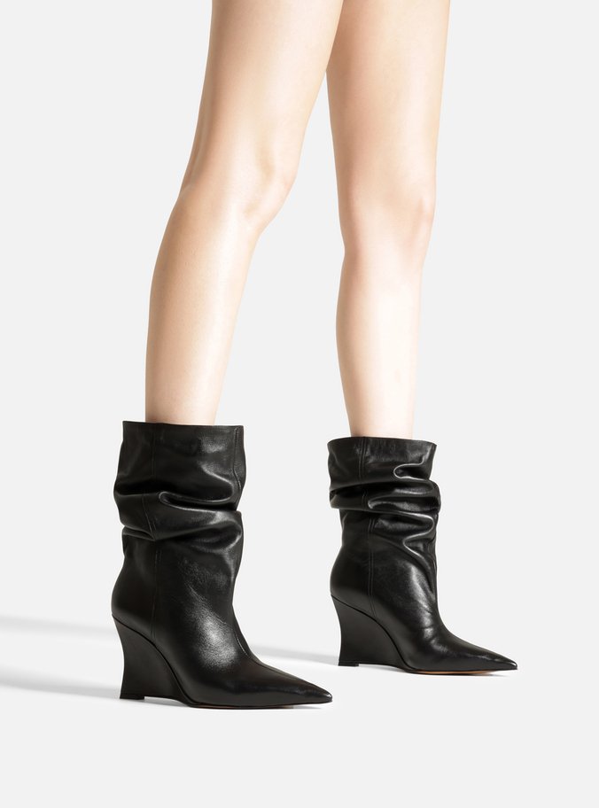 Bota Preta Couro Salto Anabela Alto Slouchy