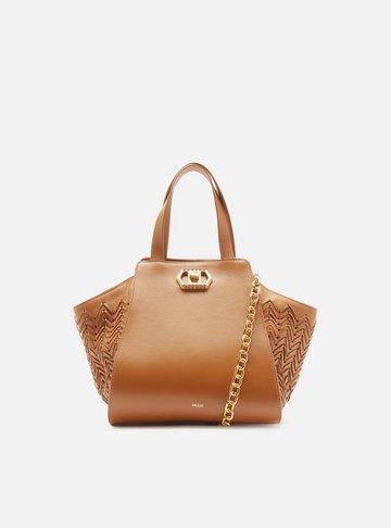 Bolsa Tote Marrom Couro Média Recortes