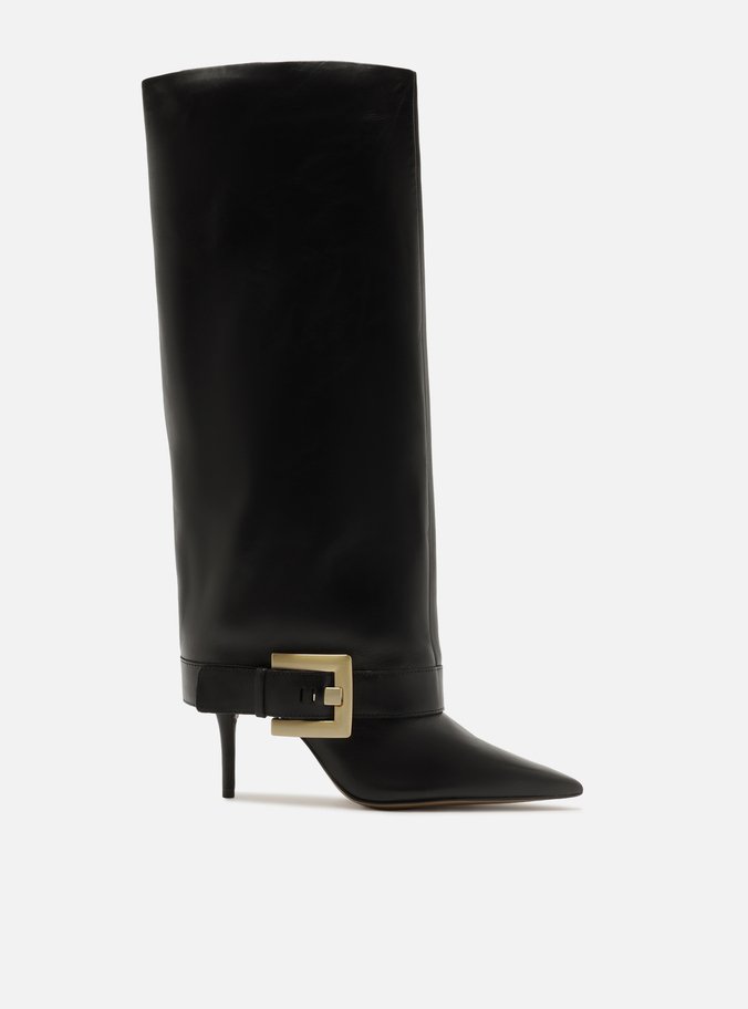 Bota Preta Cano Longo Bico Fino Fivela Dourada