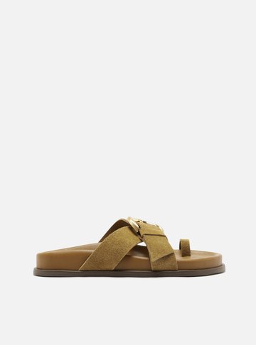 Arezzo — Sandália Papete Marrom Acamurçada Flatform Fivela Dourada