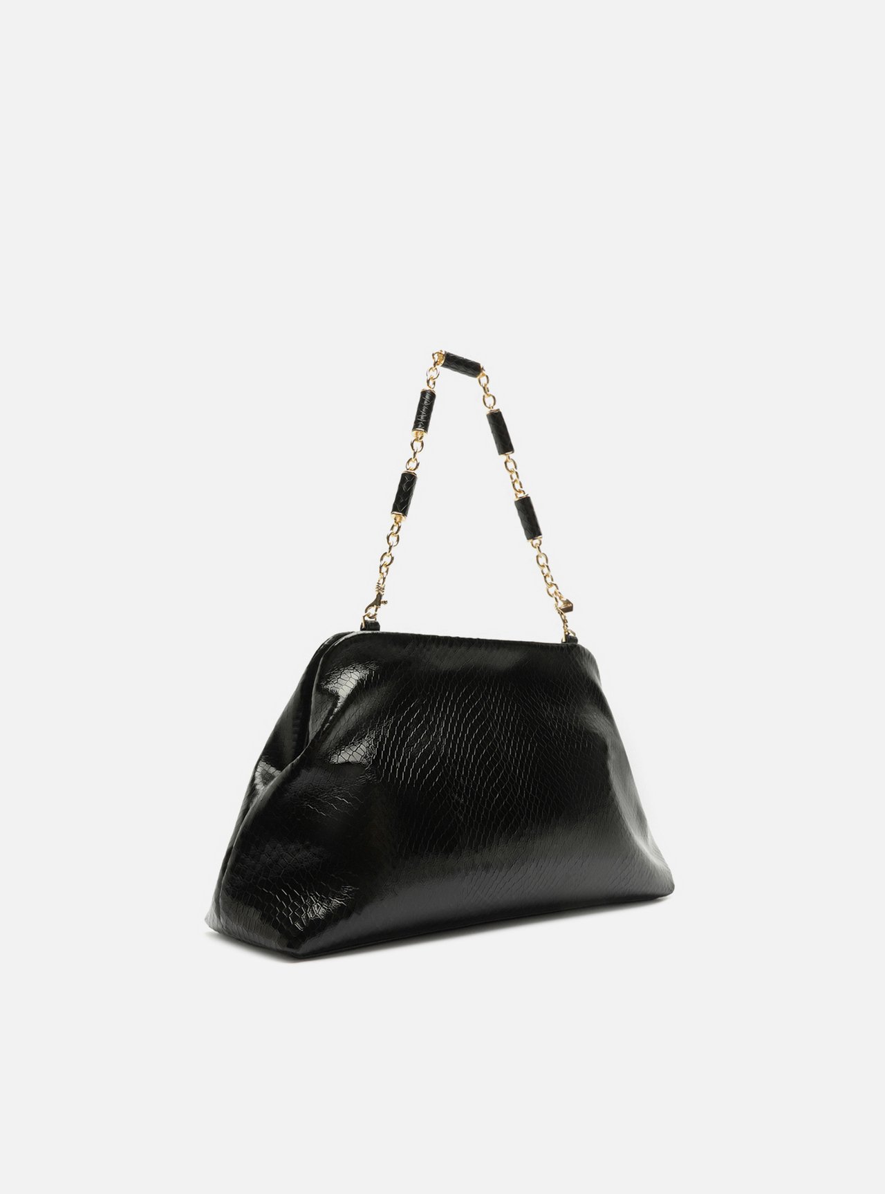 Bolsa Clutch Preta Couro Média Snake Corrente — foto 5