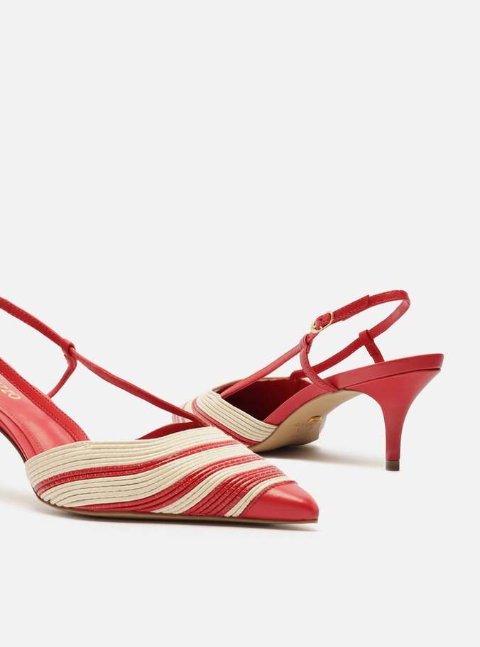 Scarpin Vermelho Couro Salto Baixo Slingback Bicolor