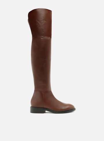 Bota Over The Knee Marrom Couro Salto Bloco