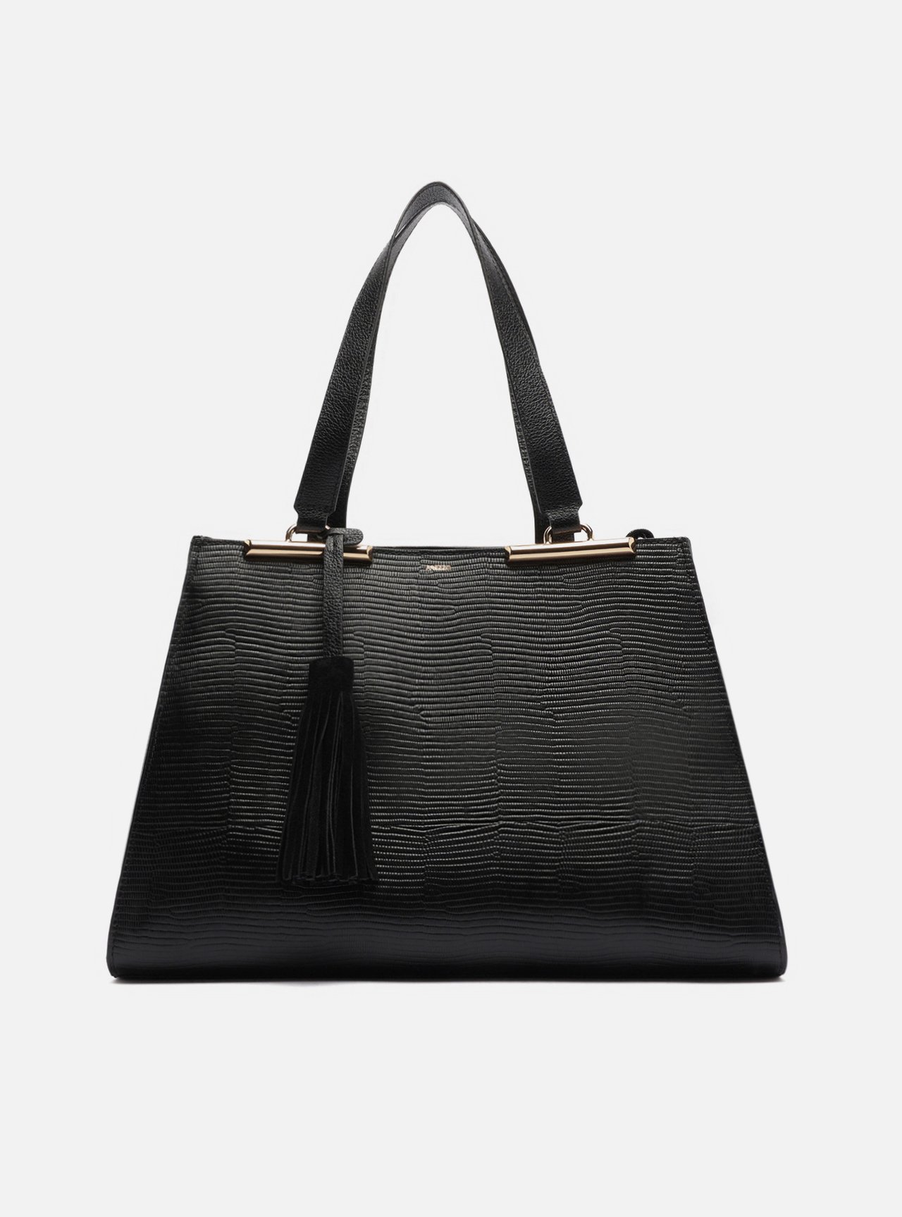 Bolsa Shopping Preta Couro Grande Croco Franja — foto 1