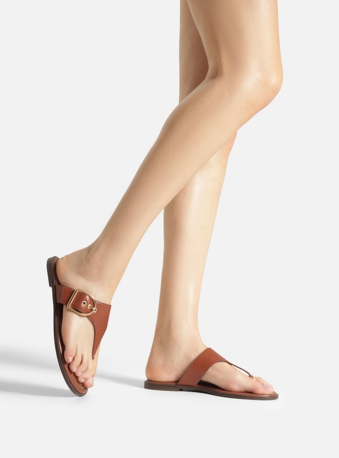 Rasteira Marrom Couro Tira Thong Fivela