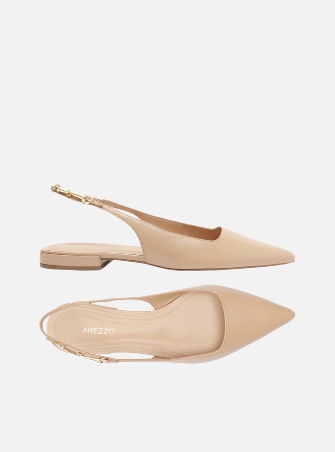 Sapatilha Bege Couro Slingback Detalhe Metal