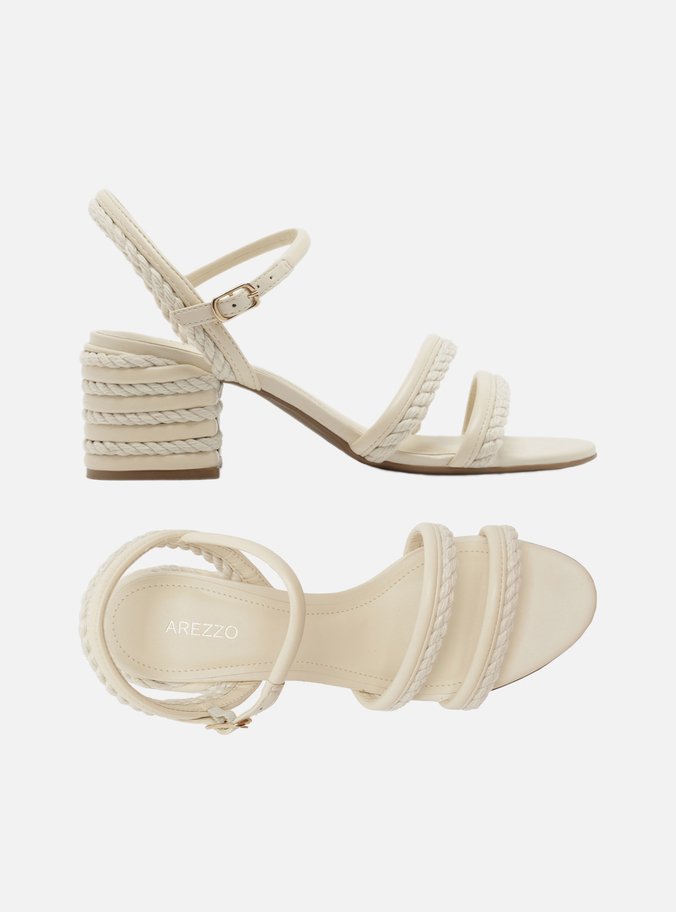 Sandália Off-White Salto Médio Cordão Bicolor