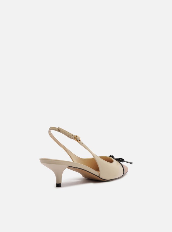Scarpin Branco Couro Salto Baixo Slingback Laço