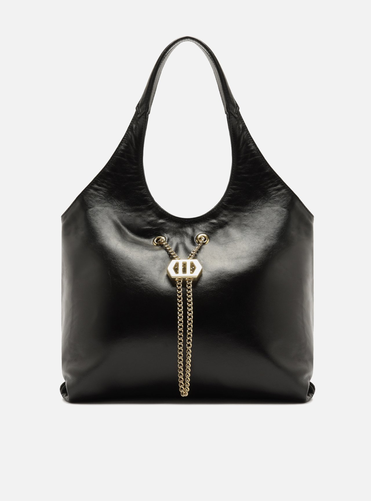 Bolsa Hobo Preta Couro Grande Corrente Dourada