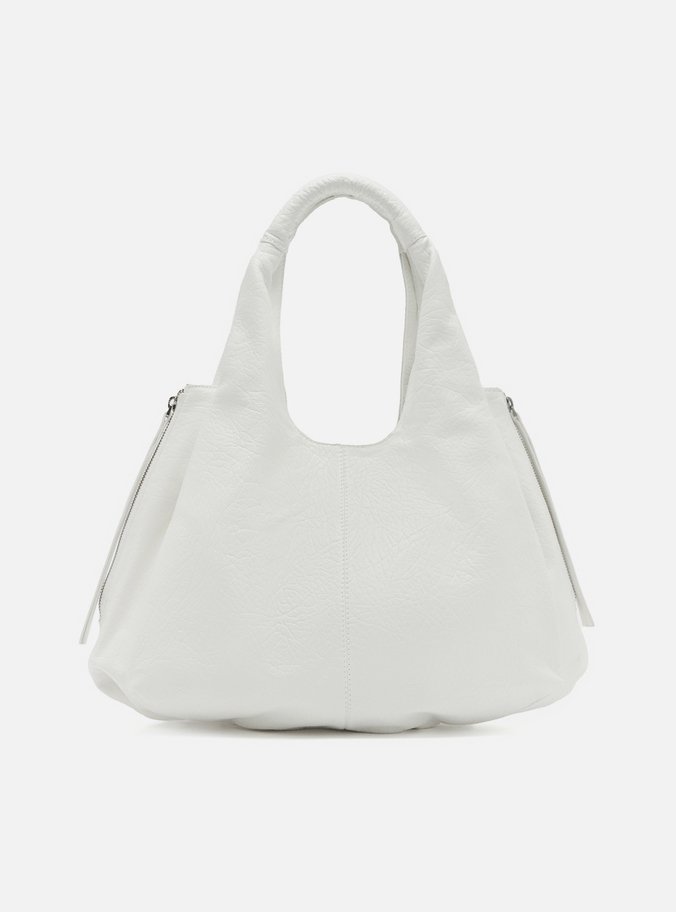Bolsa Tote Branca Couro Grande Bolsos Laterais