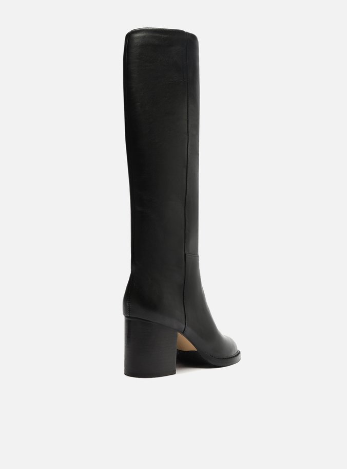 Bota Preta Couro Cano Longo Salto Bloco Montaria