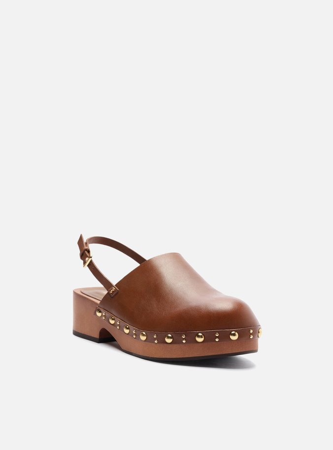 Mule Clog Caramelo Couro Salto Médio Tira