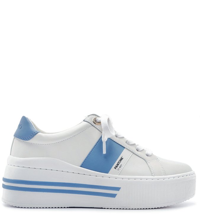 PANTONE | Tênis Couro Rasteiro Feminino Stripe Branco e Jelly Blue