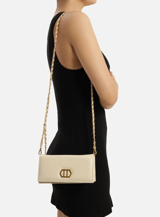 Clutch Branca Couro Pequena Metal