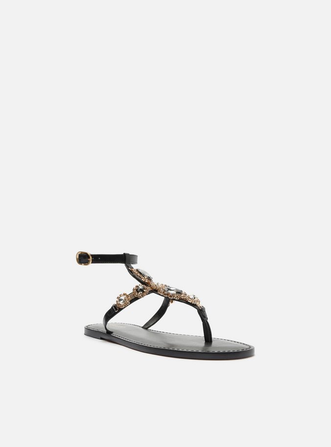 Rasteira Preta Couro Slim Maxi Pedraria Fivela