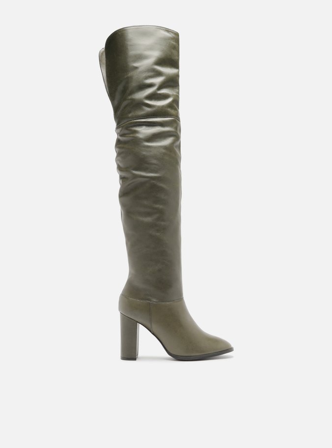 Bota Over The Knee Verde Couro Salto Fino