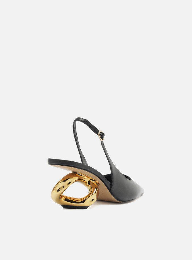 Scarpin Preto Couro Salto Geométrico Slingback