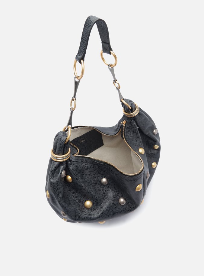 Bolsa Hobo Preta Couro Grande Esferas