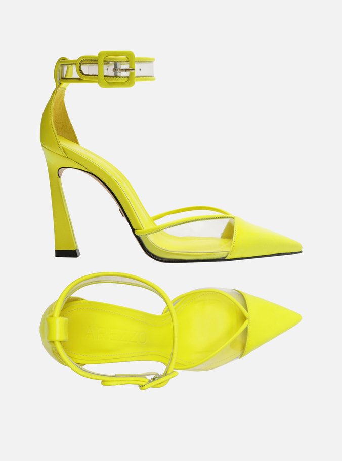 Scarpin Amarelo Couro Salto Alto Bico Fino Vinil