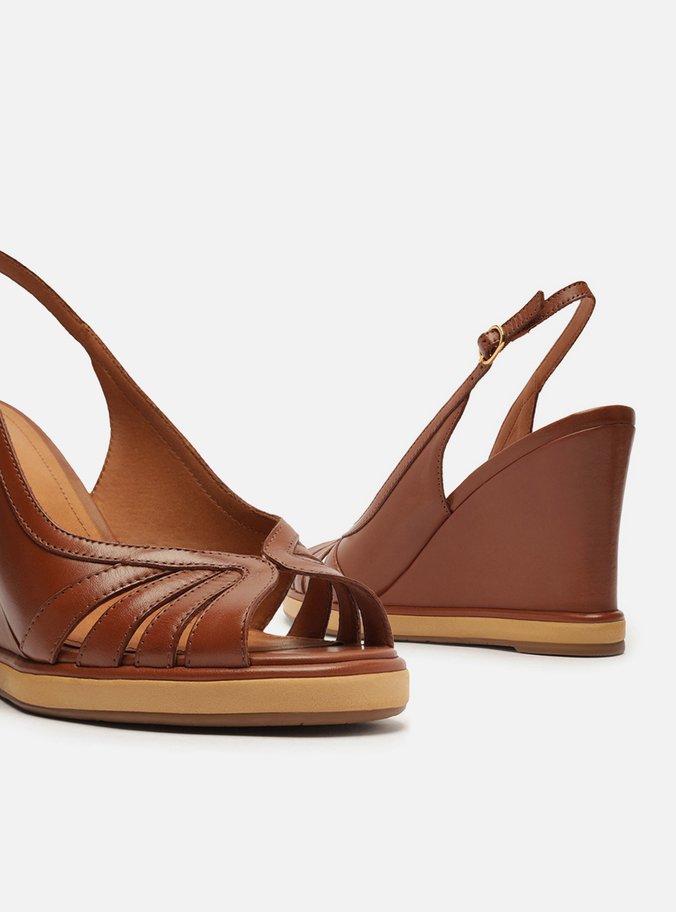 Sandália Marrom Couro Salto Alto Anabela Slingback