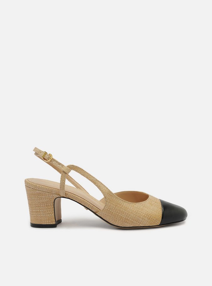 Scarpin Bege Palha Bico Redondo Cap Toe Preto