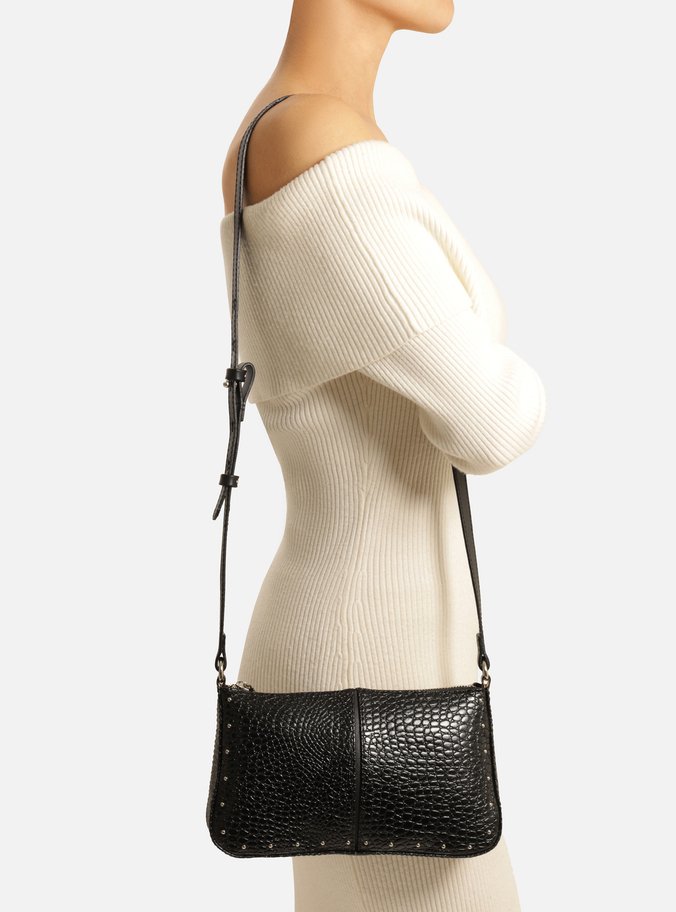 Bolsa Tiracolo Preta Croco Pequena Rebites