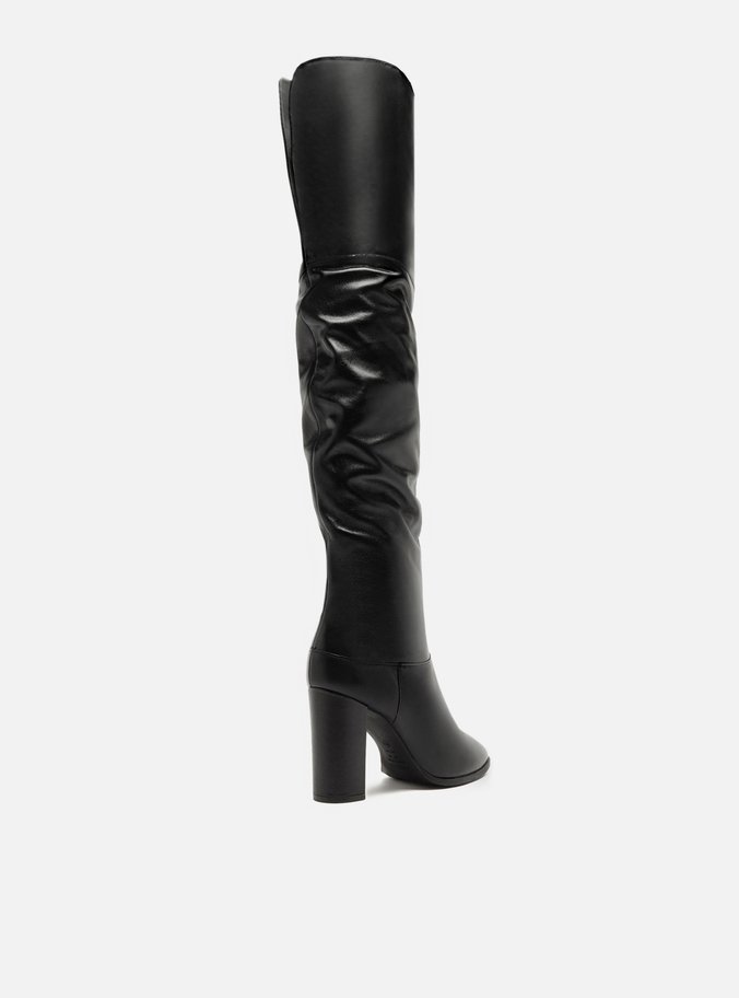 Bota Over The Knee Preta Couro Salto Alto