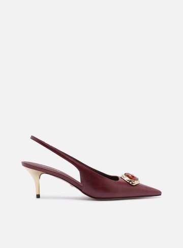 Scarpin Vinho Couro Salto Baixo Slingback Pedraria